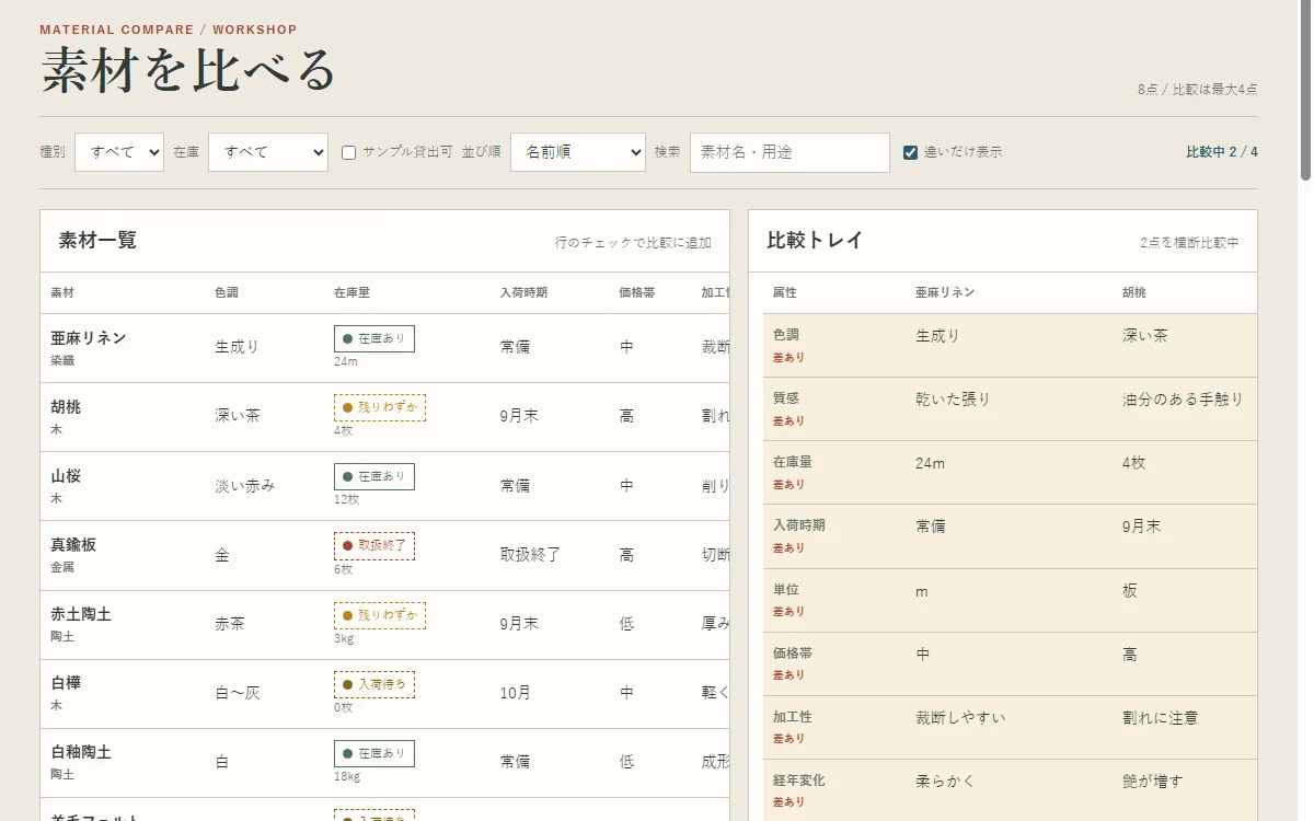 2素材を選び違いだけ表示した素材比較デモ
