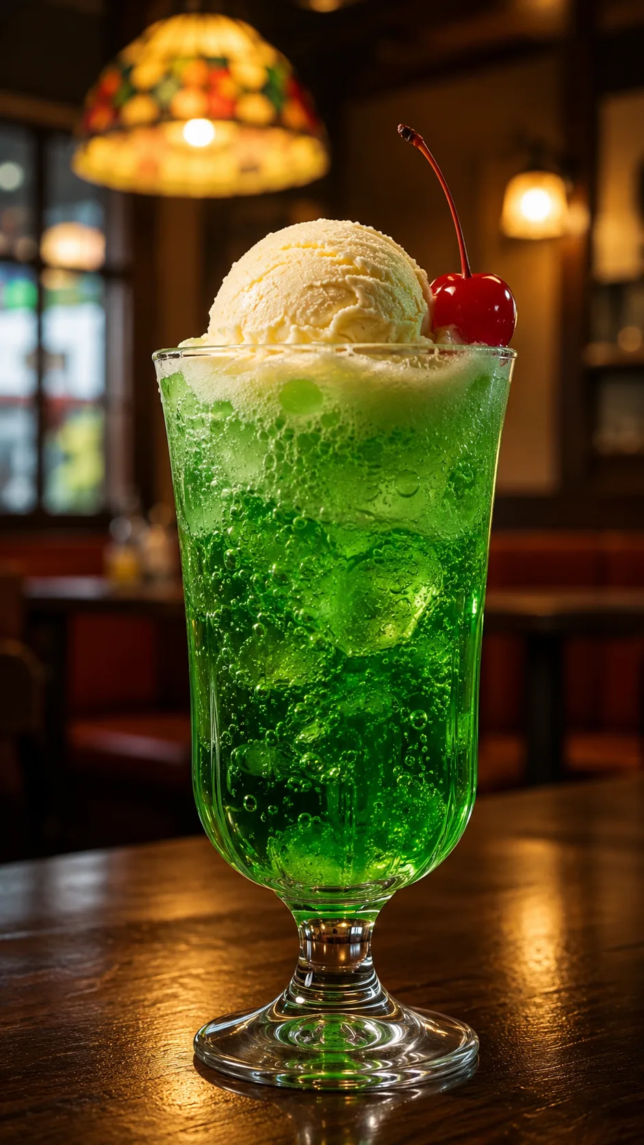 緑色のメロンソーダにバニラアイスがのったクリームソーダ