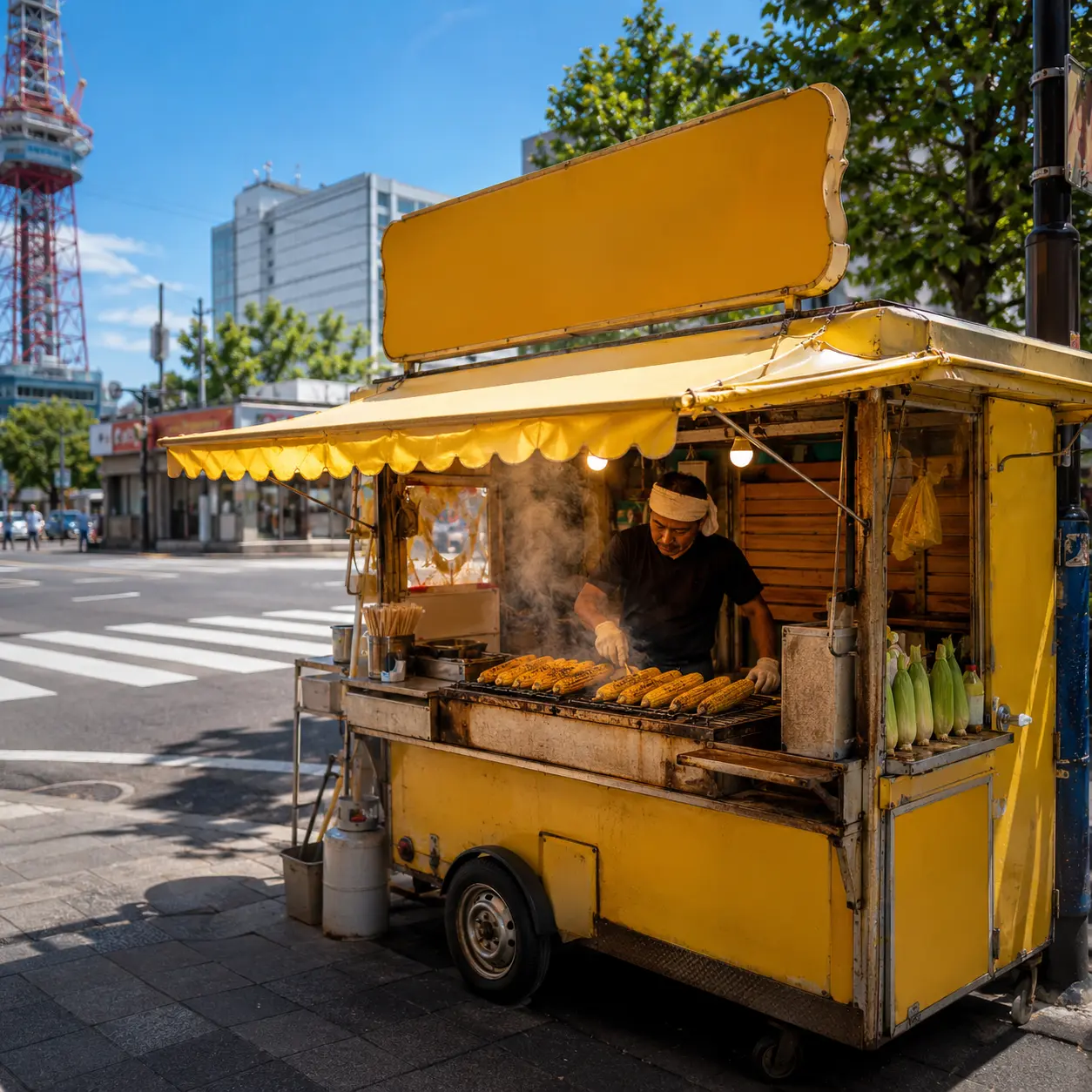 札幌の街角に停まる黄色い屋台ワゴンで焼きとうきびを焼いている様子