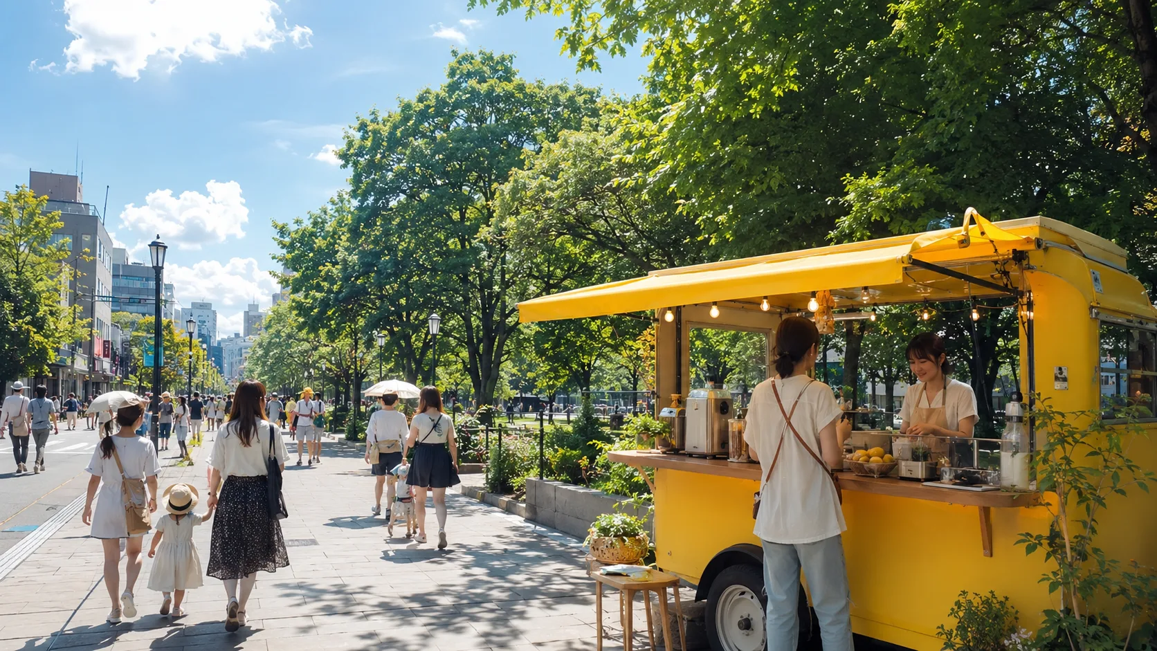 札幌の公園沿いの歩道に停まる黄色い屋台ワゴン