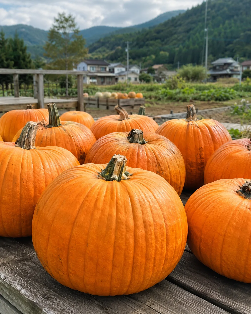 木の台に並んだ、まるごとのオレンジのかぼちゃ